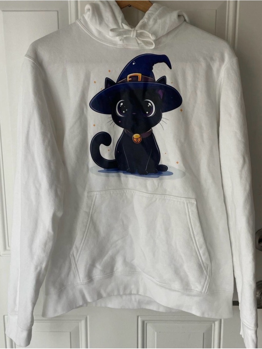 White Hoodie with Cute Black Witch Cat Graphic